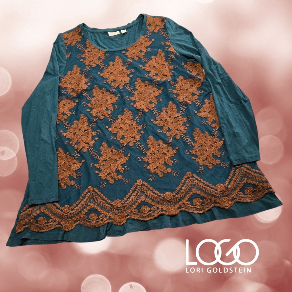LOGO Lavish by Lori Goldstein Womens Embroidered Lace Ruffle Tunic Teal Green L